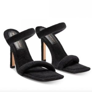 Good American, open square toe black terry heels, size 7